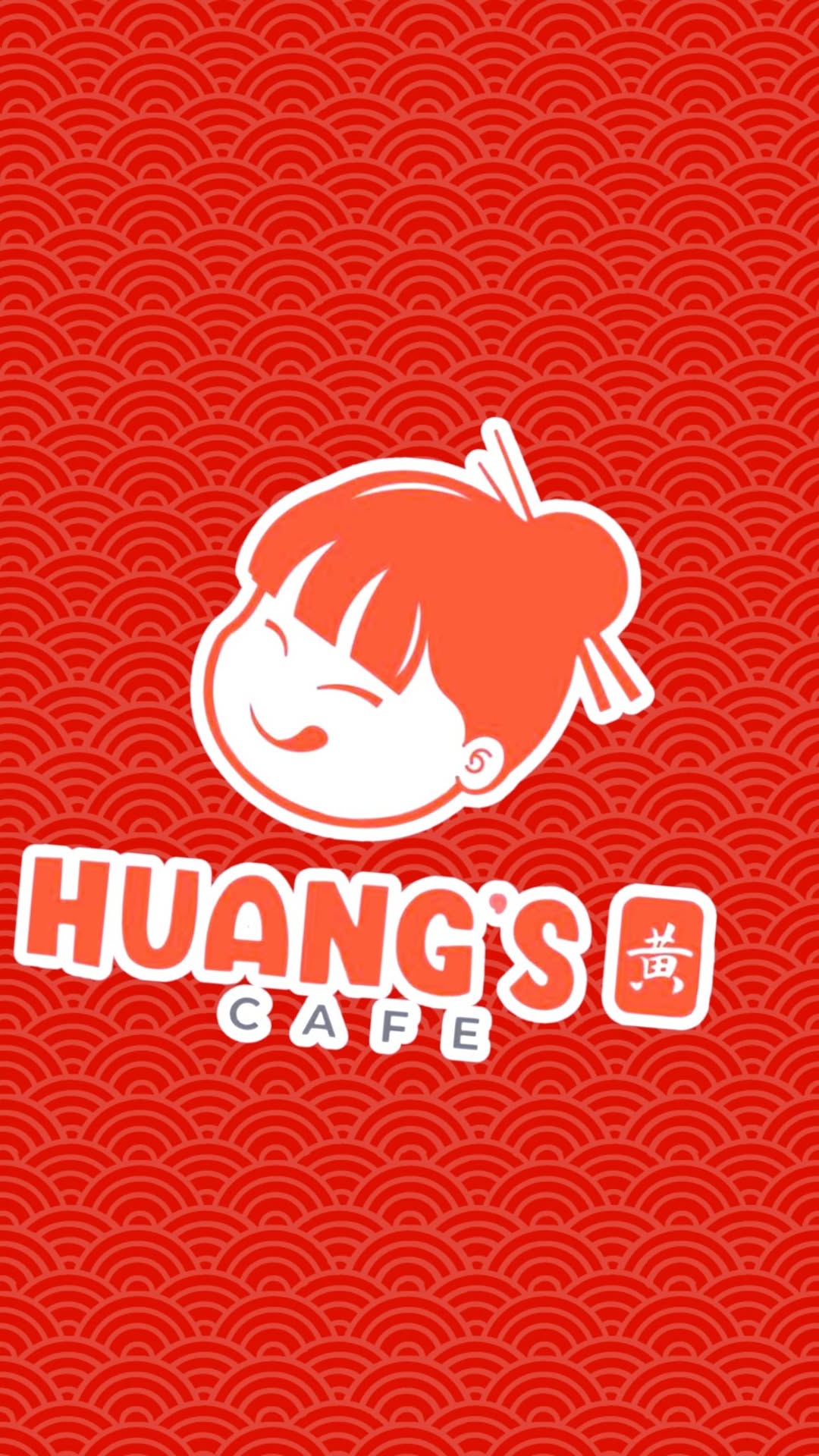 Huang's Cafe brand — logo on Chinese red seigaiha background